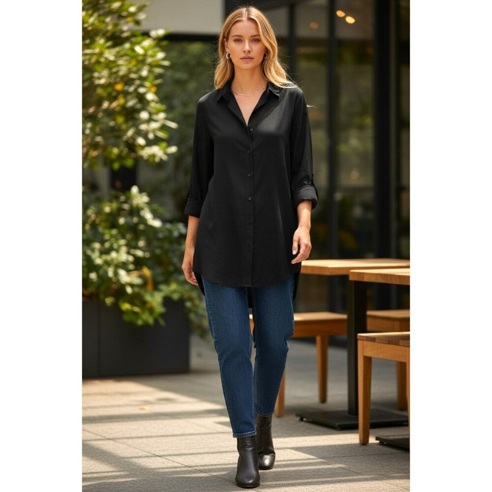 Jarbo Womens Long‎ Sleeve Black Button-Up Tunic Shirt Euro 40 US 8 Minimalist